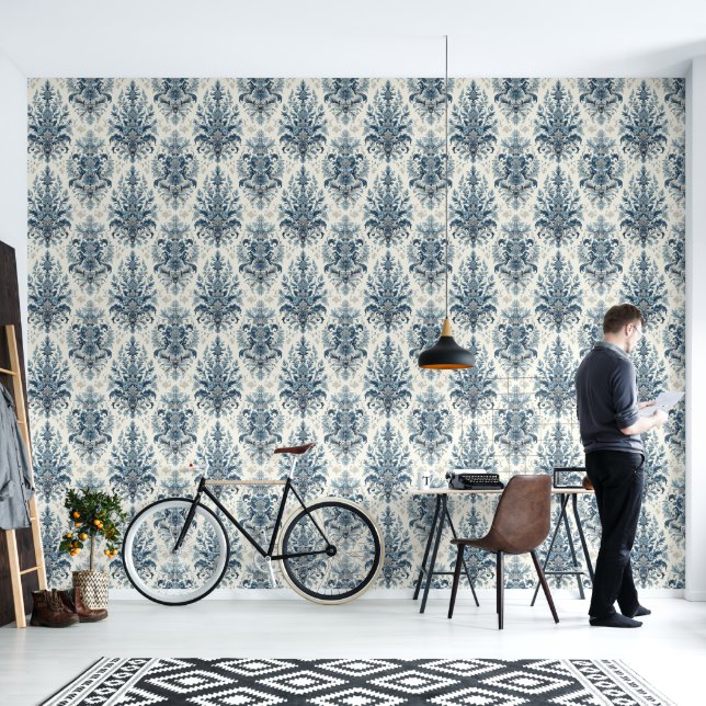 Papier peint style Damas bleu (Salon)