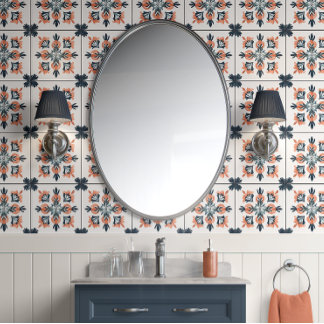 Papier Peint Sunset Blossom - Corail, Marine, Blanc - Tradition