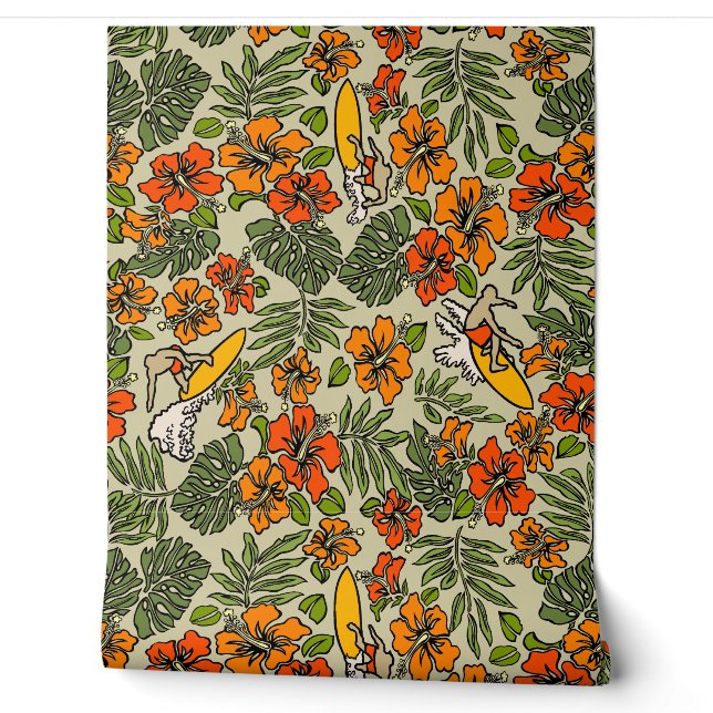 Papier Peint Surf Pareau Hawaiian Hibiscus Surf Chaud Multi (Déroulement)