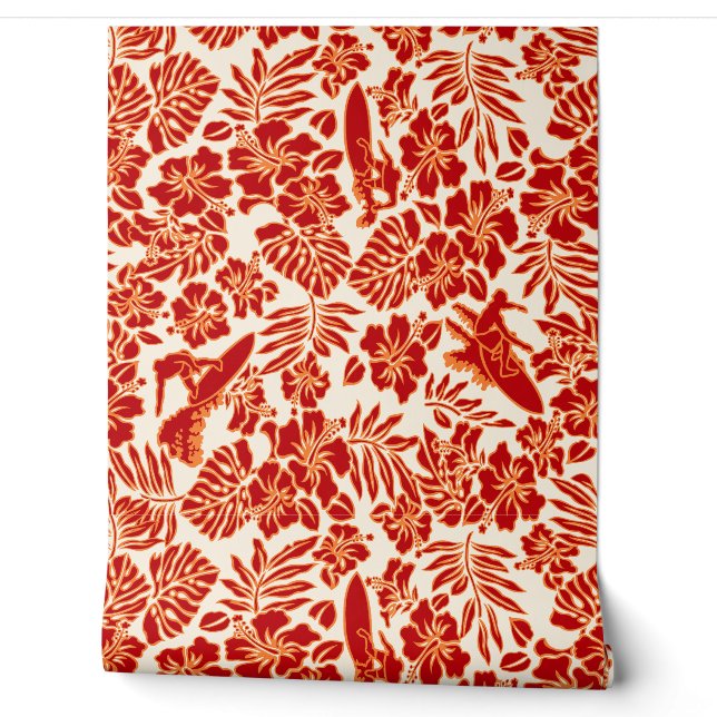 Papier Peint Surf Pareau Hawaiian Hibiscus Surf Rouge (Déroulement)