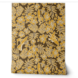 Papier Peint Surf Pareau Hawaiian Hibiscus Surfing Gold