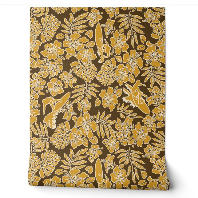 Papier Peint Surf Pareau Hawaiian Hibiscus Surfing Gold (Déroulement)