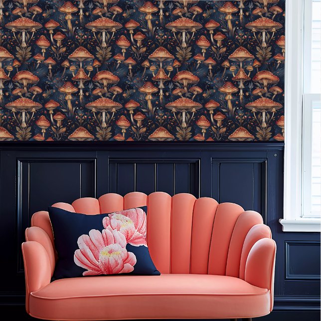 Papier Peint Tabourets Fairycore Red (Fairycore Red Toadstools Wallpaper above a coral scalloped sofa.)