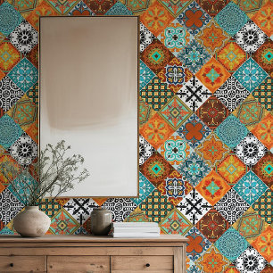 Papier Peint Talavera Tles Turquoise Sarcelle Orange Noir Blanc