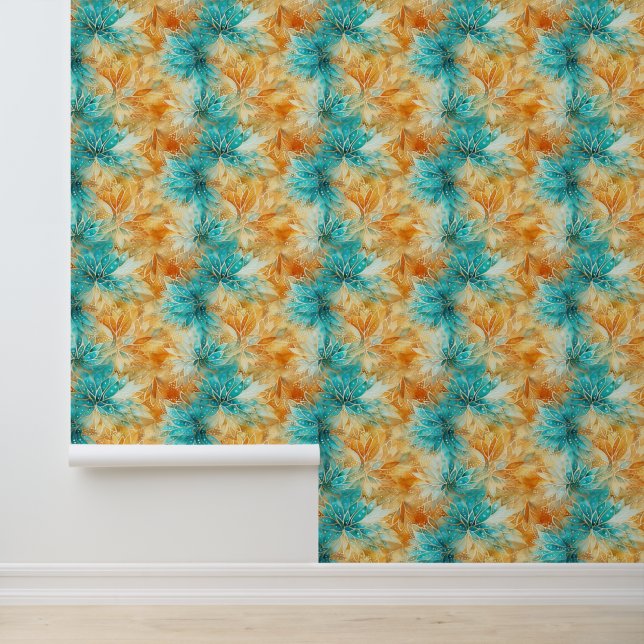 Papier Peint Tangerine Turquoise Turquoise Fleurs Abstraites (Application)