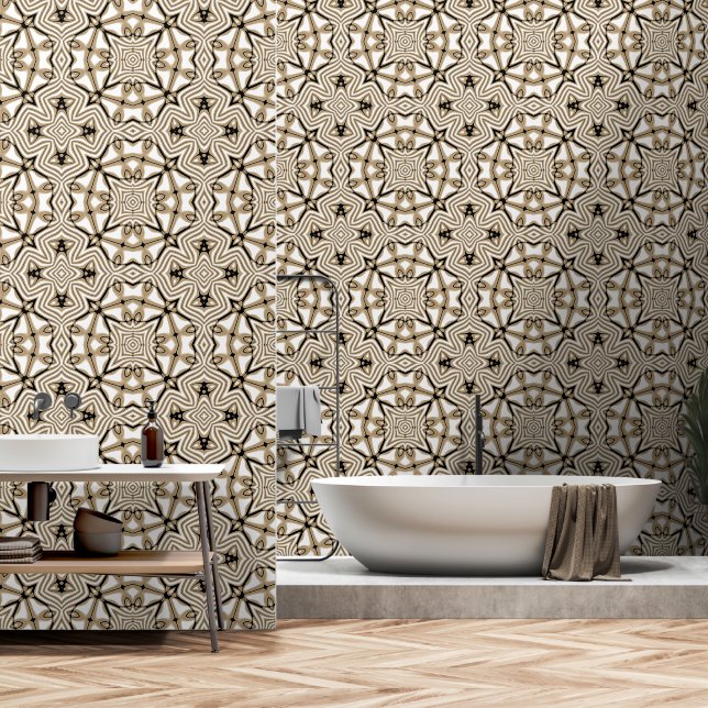 Papier Peint Taupe beige Brown Black White Bohemian Tribe Art (Salle de bain)