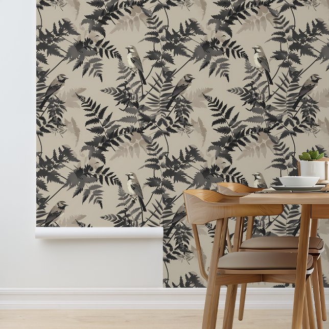 Papier Peint Taupe Black Ferns and Birds (Créateur téléchargé)