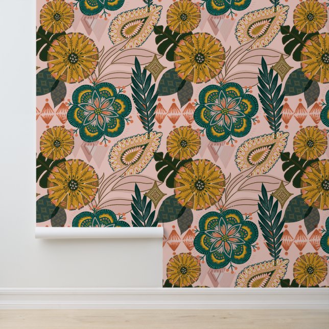 Papier Peint Terre Bohémienne Tropical Floral (Application)