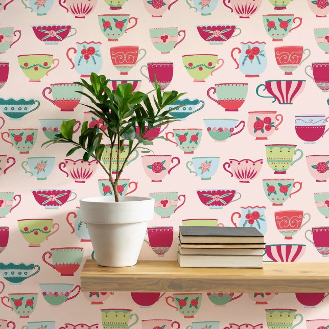 Papier Peint Teups Rétro Rose (Retro teacup pattern art wallpaper)