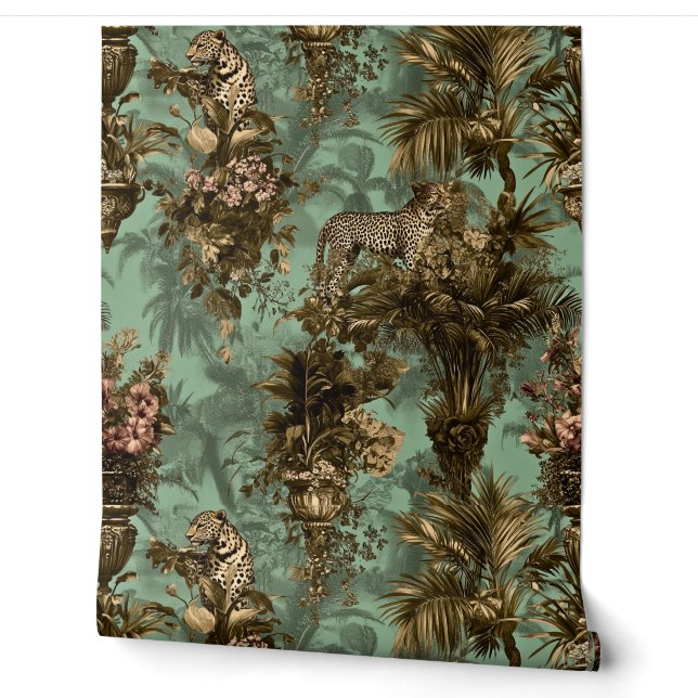 Papier Peint Thème tropical et léopards Plantes exotiques (Déroulement)