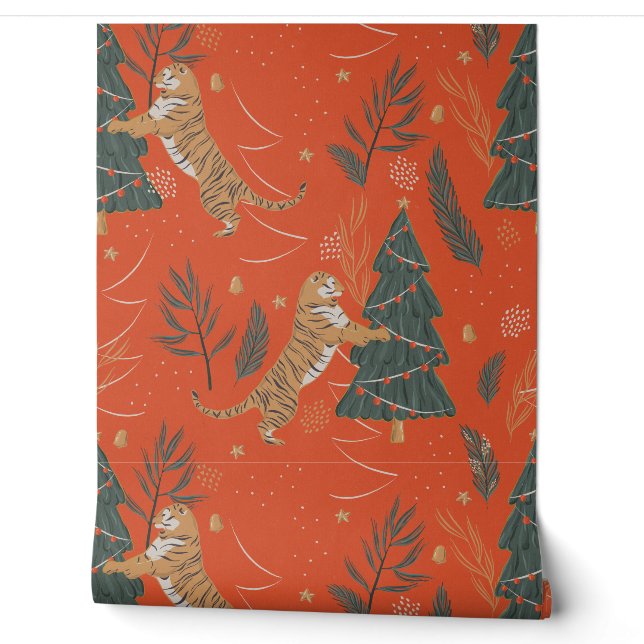 Papier Peint Tigres de fête et arbres de Noël (Déroulement)