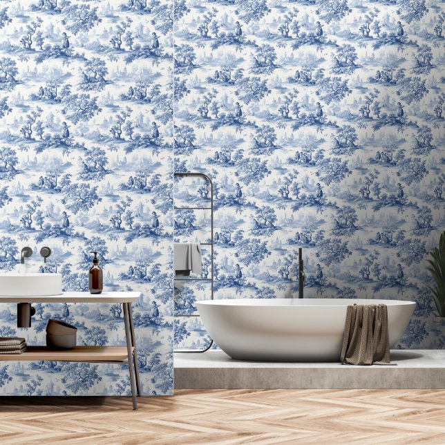 Papier Peint Toile du Jouy Blue Faux French  (Salle de bain)