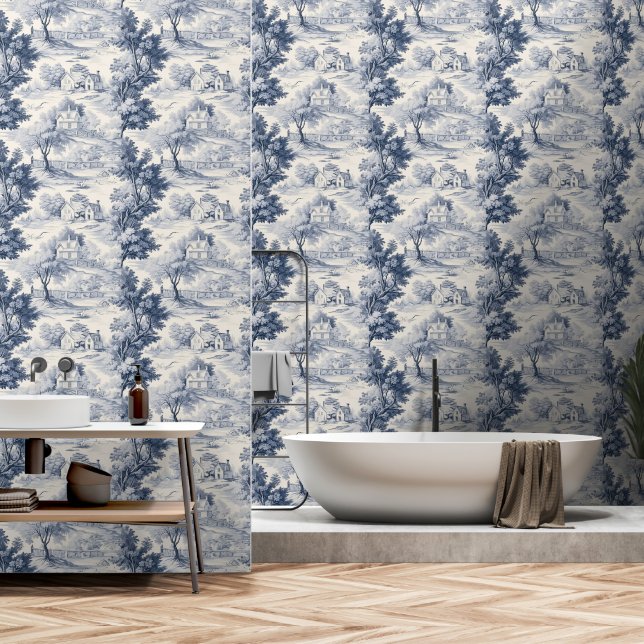 Papier Peint Toile du Jouy Blue Faux French  (Salle de bain)