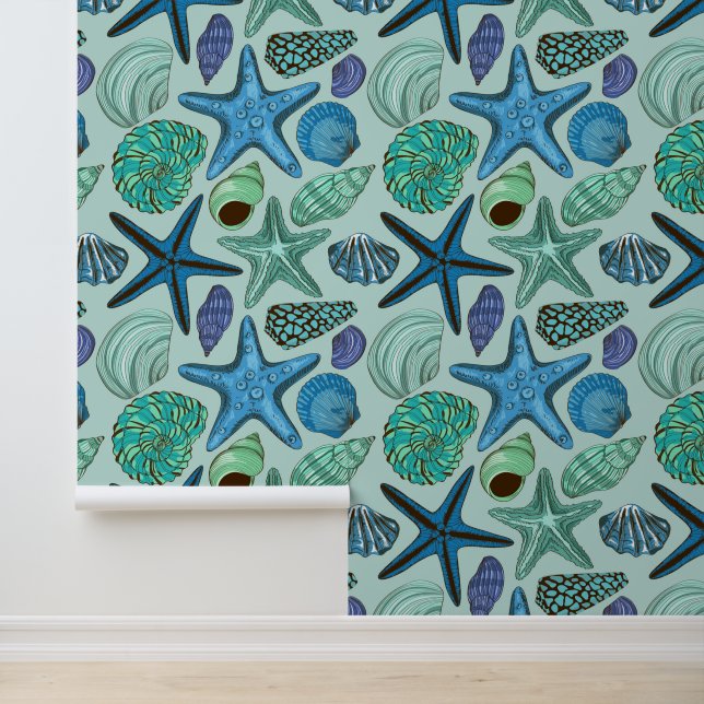 Papier Peint Tons De Coquillages Bleus Et Motif D'Écre (Application)