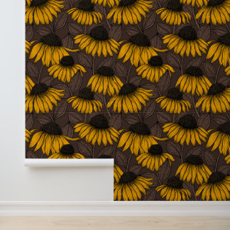 Papier Peint Tournesols jaunes sur fond brun foncé
