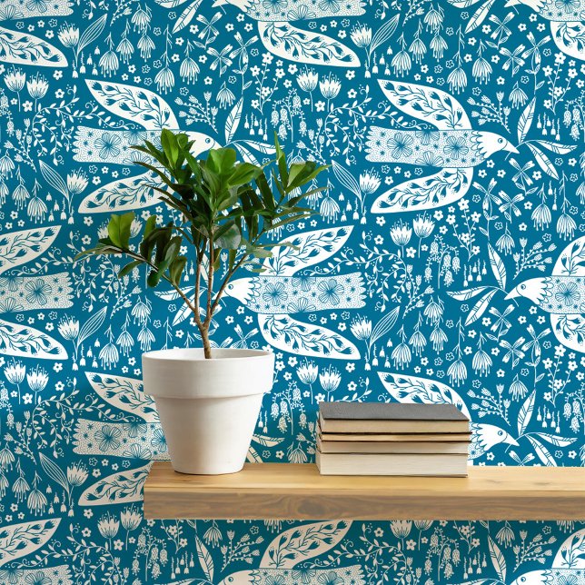 Papier Peint Tourterelles et fleurs blanches sur Turquoise Gree (Doves and Flowers pretty folk art style bird and botanical floral pattern peel and stick wallpaper)