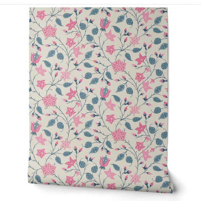 Papier Peint Trailing Floral - Paisley - Soft Pink & Dusty Blue (Déroulement)