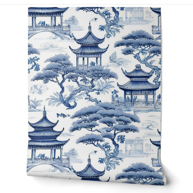 Papier Peint Tranquillité Jardin Chinoiserie Bleu & Blanc (Déroulement)
