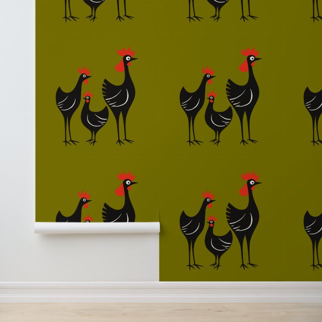 Papier Peint Trois poules françaises rétro Découpe mi-siècle 3 (Application)