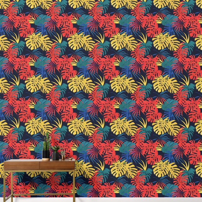 Papier Peint Tropical Feuille Rouge Jaune Turquoise (Couloir)