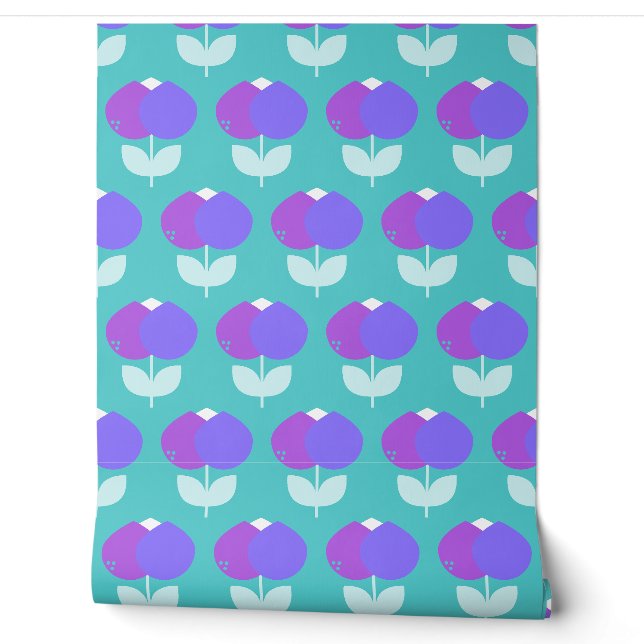 Papier Peint Tulipes géométriques violet et Aqua (Déroulement)