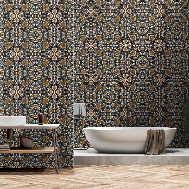 Papier Peint Turquoise Bleu ocre Brown Beige Bohème Tribu Art (Salle de bain)