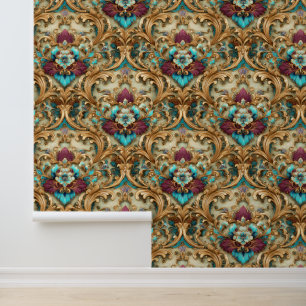 Papier Peint Turquoise et Or Damassé Orné
