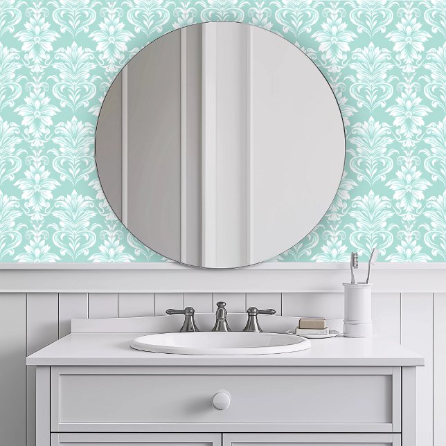 Papier Peint Turquoise Intriqué Monochrome (Monochromatic Intricate Turquoise Wallpaper in a white bathroom.)