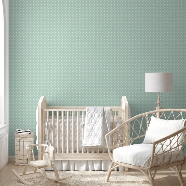 Papier Peint Turquoise neutre avec Pois blancs (Enfants)