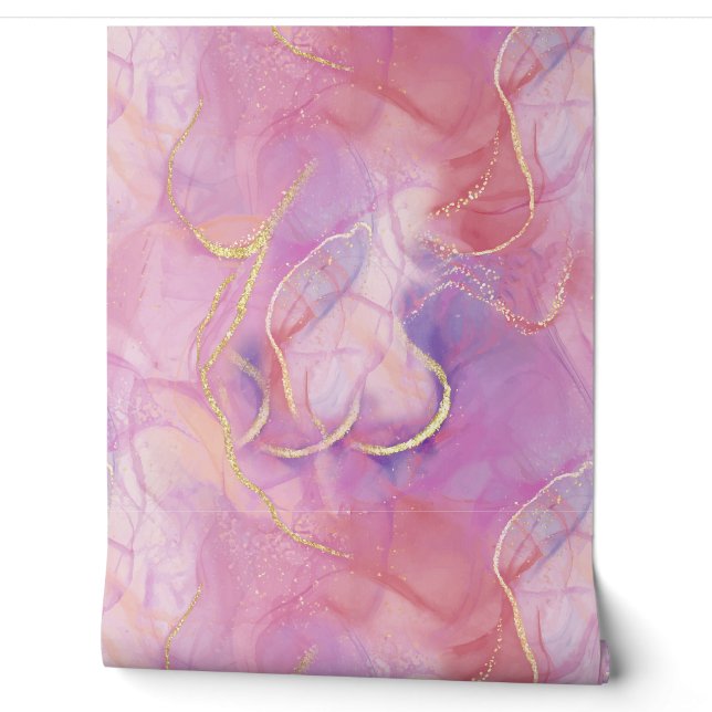 Papier Peint Une finition rose et Marbre blanc avec or brossé (Déroulement)