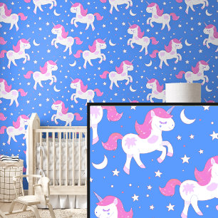 Papier Peint Unicornes blanches roses Étoiles sur bleu