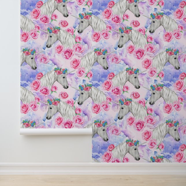 Papier Peint Unicornes et Motif Rose (Application)