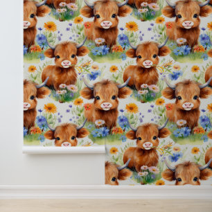 Papier Peint Vache des Highlands en fleurs sauvages
