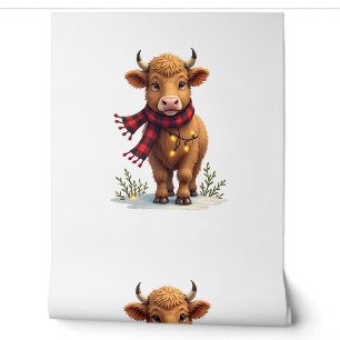 Papier Peint Vache Highland de Noël vintage avec carreau de buf