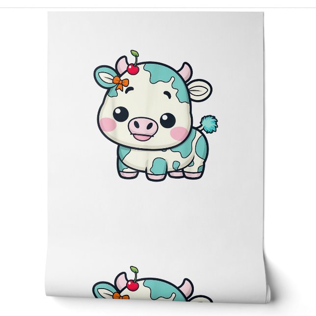 Papier Peint Vache Kawaii adorable avec Cerise et Bow Design _2 (Déroulement)