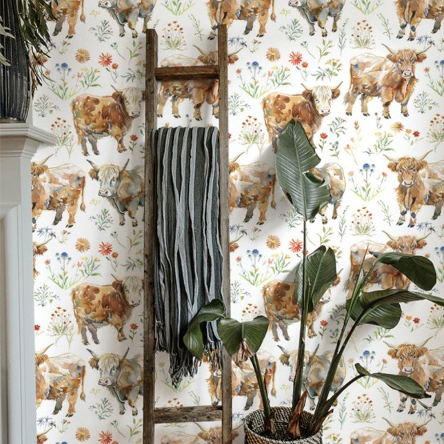 Papier Peint Vaches et Fleurs sauvages des Highlands (Créateur téléchargé)