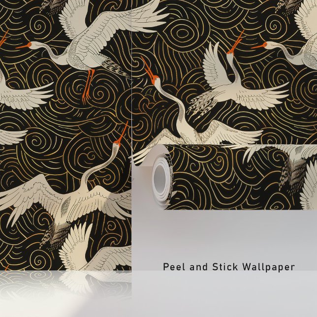 Papier Peint Vagues dorées et grues gracieuses (Créateur téléchargé)