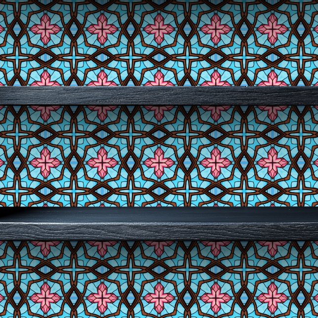 Papier Peint Verre Brown et croix rose Petite impression (Stained Glass Brown and Pink Cross Small Print Wallpaper on a shelf)