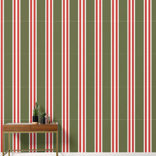 Papier Peint Vert Armée & Rouge Grange Double Rayure de Rugby