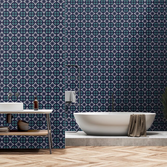 Papier Peint Vert Blanc Profond Marine Abstrait Floral (Salle de bain)