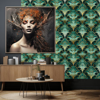 Papier Peint Vert émeraude sarcelle or Art déco