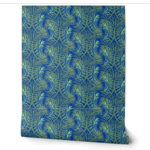 Papier Peint Vert feuille tropical bleu en répétition
