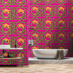Papier Peint Vert Geo Floral Rose