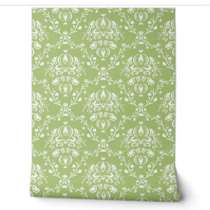 Papier Peint Vert mousse et damas blanc