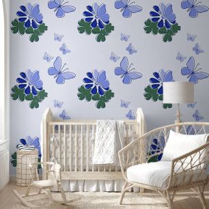 Papier Peint Vert pourpre bleu Doodé fleurit Papillons Accent