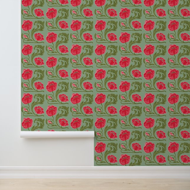 Papier Peint Vert Rouge Floral Art Nouveau (Application)