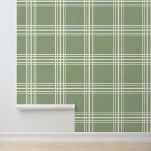 Papier Peint Vert sauge neutre tendance lignes de grille ivoire