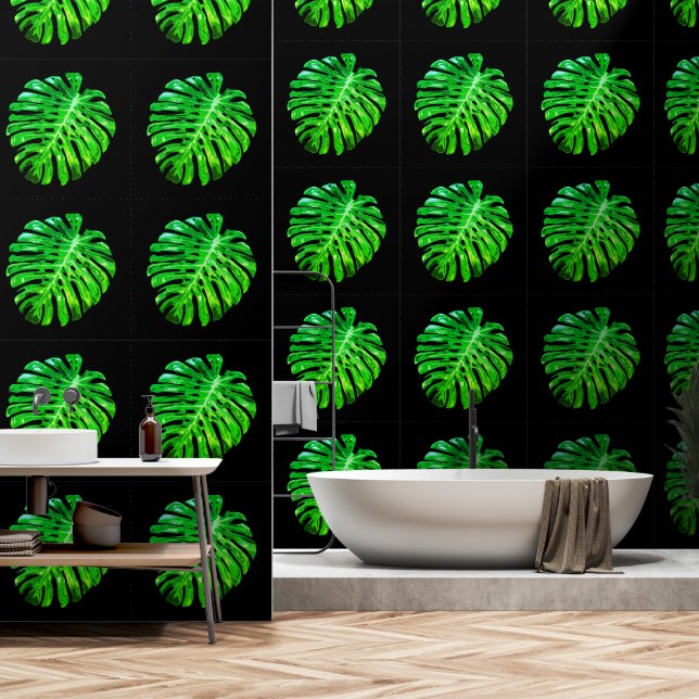 Papier Peint Vert Tropical Feuille Couleur personnalisée Noir (Salle de bain)