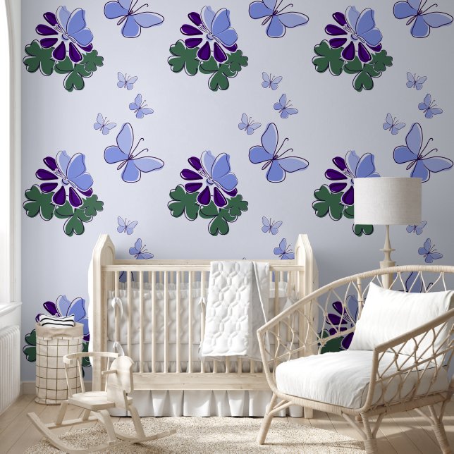 Papier Peint Vert violet bleu Doodle Fleur Papillons Accent (Enfants)