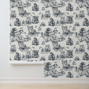 Papier Peint Vintage Chinoiserie Léopard Pagode Crème et Noir